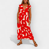 Loose-fitting dress with a V-neckline and modern design