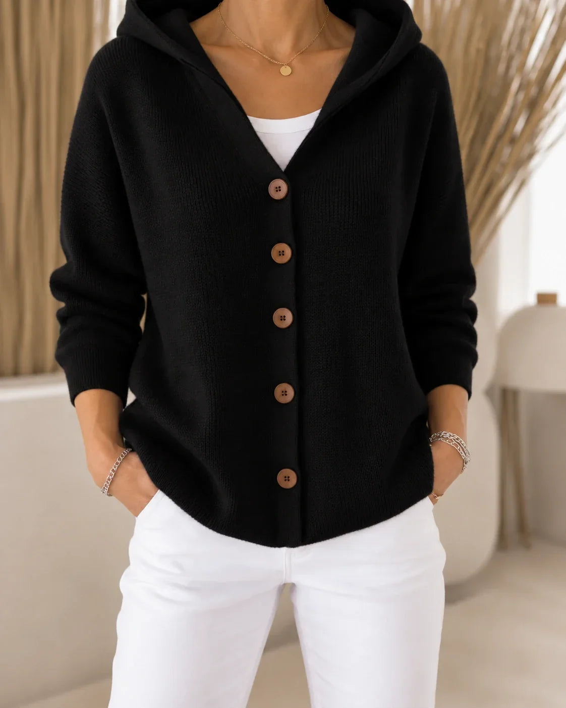 JOLANTA™ lengvas kardiganas su gobtuvu – juoda